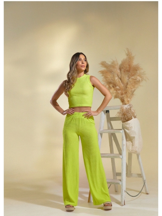 Love Poem Pants - High-Rise Ribbed Wide-Leg Pants in Lime Green